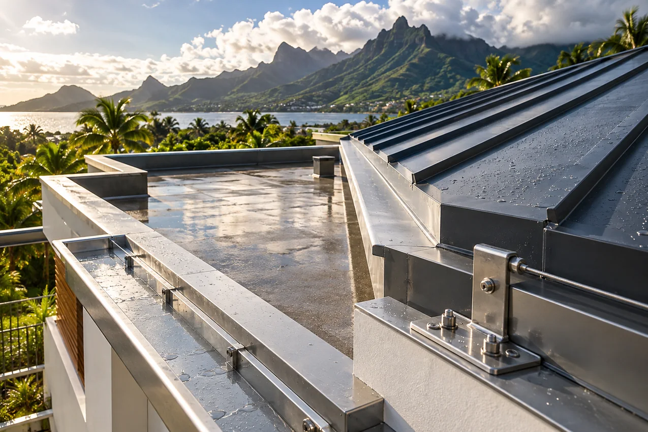 Détail de toiture métallique, gouttière et terrasse sous climat tropical, vue d'ambiance