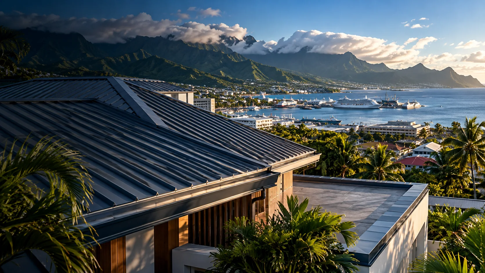 Toiture métallique et horizon de Tahiti, image d'ambiance architecturale